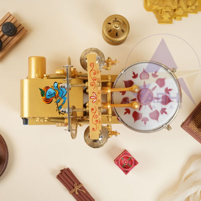Krishna carving on mini pooja electric machine with handpainting on it with drum having blue color | Jalar machine | aarti machine| Mini arti machine| automatic aartimachi| electric arti machine