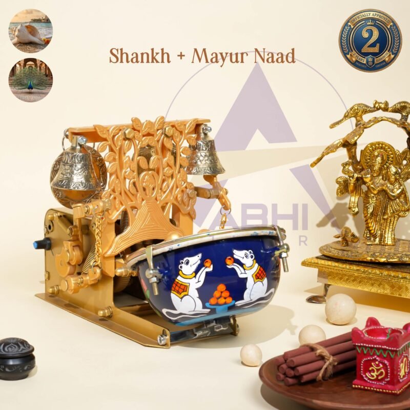 Shankh & Mor nad Mini pooja arti machine with nakshi bell and blue drum having mushak handpainted | Jalar machine | aarti machine| Mini arti machine| automatic aartimachi| electric arti machine