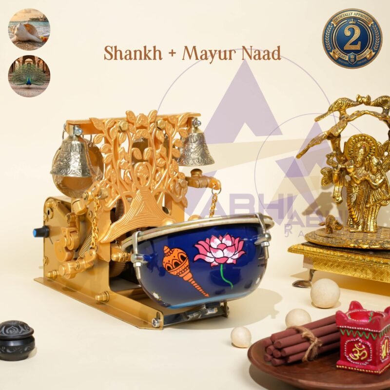 Shankh + Mor Nad compact sized puja arti machine with gada and lotus handpainted on ss blue colored drum | Jalar machine | aarti machine| Mini arti machine| automatic aartimachi| electric arti machine